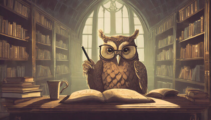 A funny and smart owl with glasses in a library
