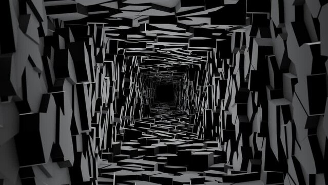 Monochrome 3D background with dark abstract corridor made of randomly moving blocks with realistic black shadows and moving camera effect , motion graphics , 4k , 60 fps