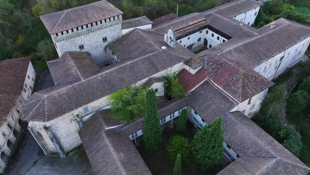 Panoramic of the cloister of the Quejana convent palace complex in the Ayala Valley. Aerial view from a drone. Province of Alava. Basque Country. Spain. Europe