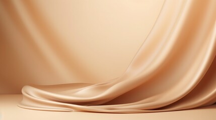 3D display podium, beige background with pedestal nude color silk cloth curtain. Beauty, cosmetic...