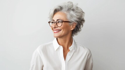 Portrait of a mature woman with glasses on a light background, smiling senior woman in a shirt, well-groomed complexion of an elderly woman