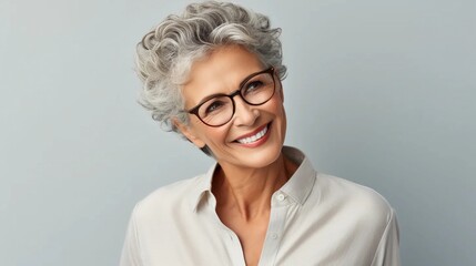 Portrait of a mature woman with glasses on a light background, smiling senior woman in a shirt, well-groomed complexion of an elderly woman - obrazy, fototapety, plakaty