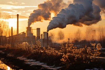 Smoke from the pipes of a thermal power plant at sunset. Industry concept. Air pollution Concept