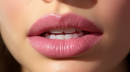 Fototapeta premium Girl's pink lips close-up, delicate makeup. Smile of a woman with white teeth.