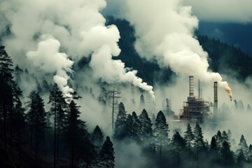 Smoke from factory chimneys in the forest. Global warming concept. Industry concept. Air pollution Concept