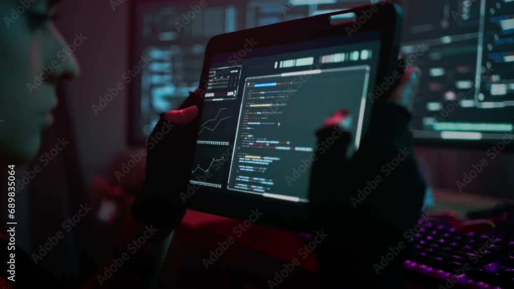 Wall mural woman hacker examining functionality of software on tablet