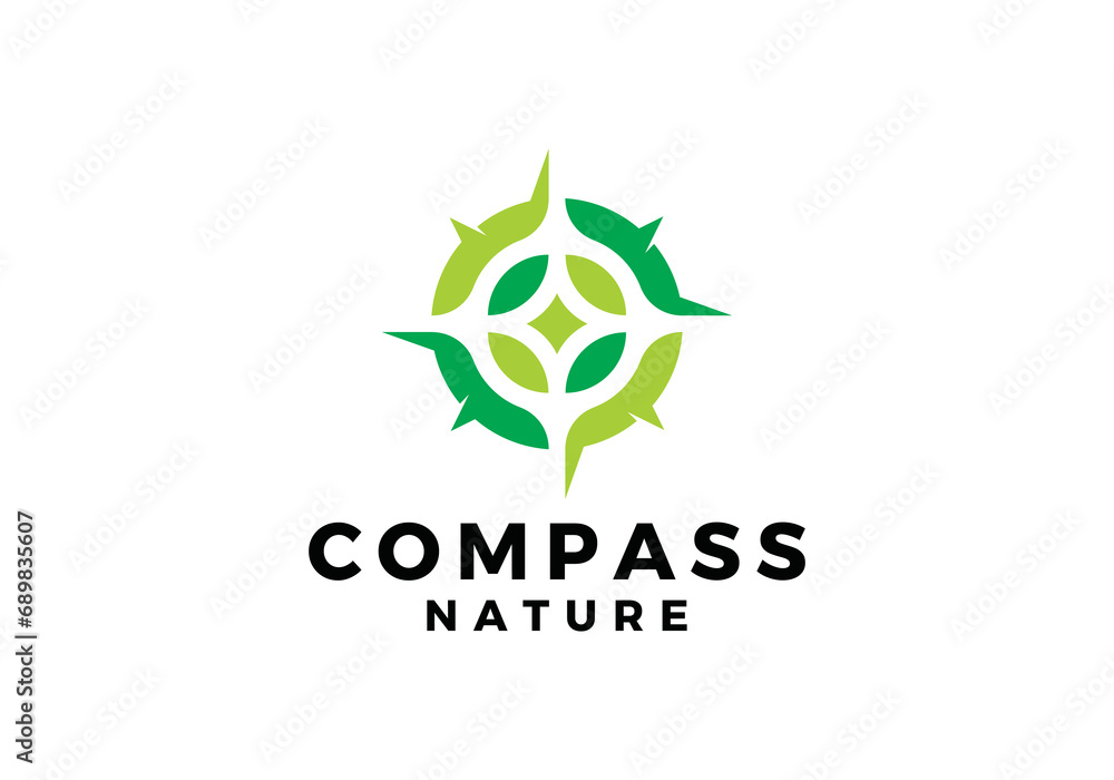 Sticker compass with leaf logo design, nature outdoor adventure icon vector template