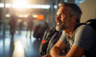 Happy smiling male traveler in airport, man sitting at the terminal waiting for her flight in boarding lounge.