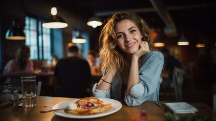 Head shot portrait of happy smiling woman sitting at table in cafe, looking at camera, excited female posing,