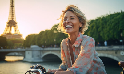 Cheerful Happy young woman riding bicycle in Paris near the Eiffel Tower, Travel to Europe, Famous popular tourist place in world.