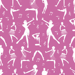 Seamless pattern of flapper girl silhouettes dancing Charleston, swing or retro jazz music.