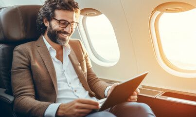 Smiling happy businessman flying and working in an airplane in first class, Man  sitting inside an airplane using laptop. - obrazy, fototapety, plakaty