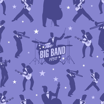 Silhouettes of a 50s male big band orchestra seamless pattern. Vintage music background.