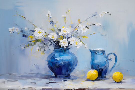 Still life in blue. Oil painting in impressionism style.