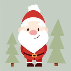 Cute flat character Santa Claus stands on a background of Christmas trees