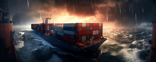 Cargo ship liner with containers on board in storm sea  - obrazy, fototapety, plakaty