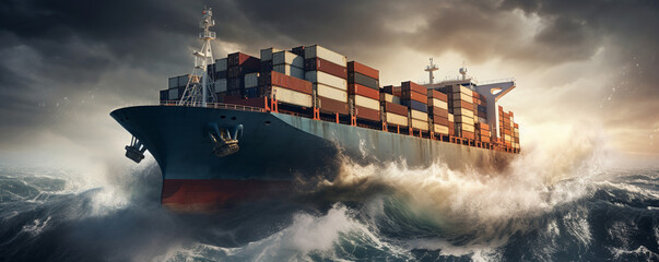 Cargo ship liner with containers on board in storm sea  - obrazy, fototapety, plakaty