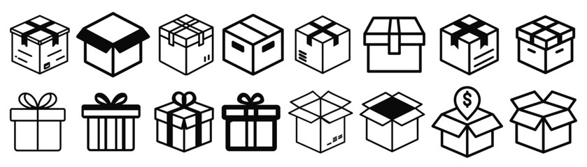 Box icon set isolated on white background. Delivery package vector set. Shipping cardboard parcel sign. 