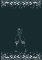 Decorative frame with Merry Christmas and Happy New Year greetings. Patterns and snowflakes. Turquoise background. Holiday season. Sample. Banner. Two glasses of wine. Vector