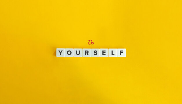 Be Yourself Banner. Block Letter Tiles on Yellow Background. Minimalist Aesthetics.