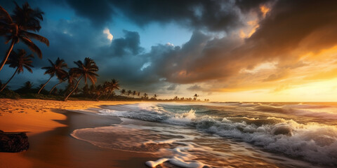 Tropical beach panorama view with foam waves before storm, seascape with Palm trees, sea or ocean water under sunset sky with dark blue clouds. Background of summer waves, sand coastline at evening.