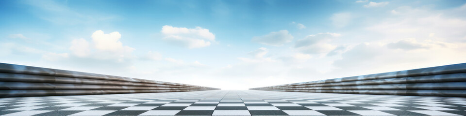 View of the infinity empty asphalt international race track, digital imaging retouch and montage background.