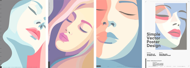 Women's faces. A girl with closed eyes. Set of vector illustrations. 
Typographic poster design and vectorized illustrations on background.