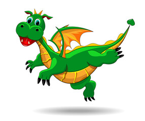 Cute funny green dragon. Flying cartoon green dragon on a white background. Funny fairy tale character. Green dinosaur