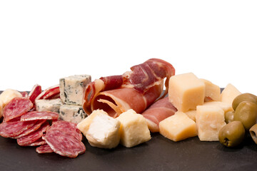 Cheese, olives, salami, jamon isolated on a white backgrund.