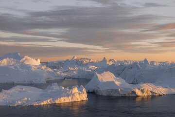 View of icebergs and floes at the disco bay ice fjord with golden light in Ilulissat, Greenland.