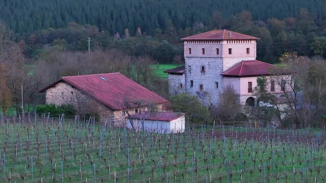Sunset landscape at the Murga Tower seen from a drone. Ayala Valley in the province of Alava. Basque Country. Spain. Europe