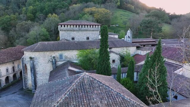 Panoramic view of the Quejana convent palace complex in the Ayala Valley. Aerial view from a drone. Province of Alava. Basque Country. Spain. Europe
