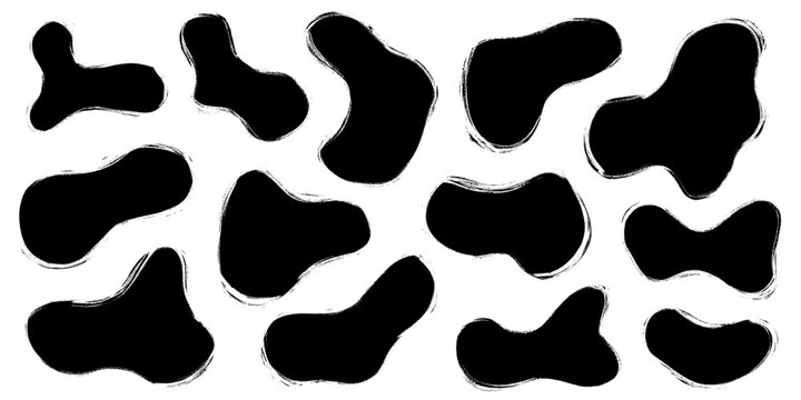 Organic grungy random irregular linocut shapes, abstract freeform liquid elements. Charcoal pencil scribble form smooth blobs, contemporary random stains. Vector illustration of black, round, uneven, 