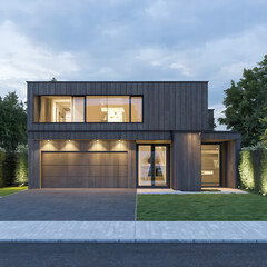 Fototapeta na wymiar Exterior of modern luxury minimalist cubic private house. generative ai