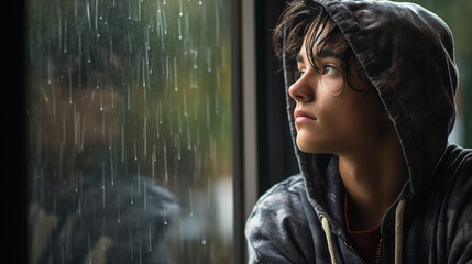 Contemplative teenager looking out a rain-streaked window - obrazy, fototapety, plakaty