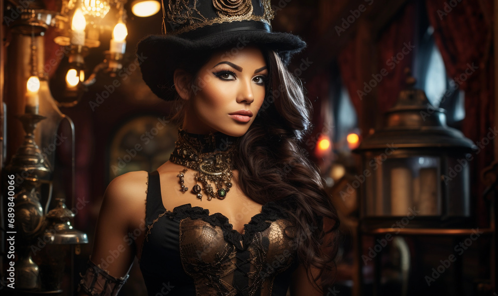 Wall mural Noble steampunk lady, elaborate corset with clockwork embellishments - Wall murals
