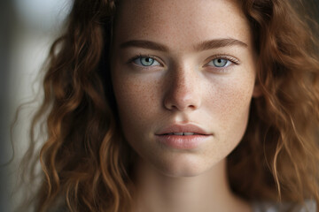 Fototapeta premium Minimalist portrait in natural light, soft earth tones, organic textures, clear focus on a single facial feature, blurred background