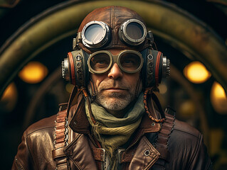 steampunk pilot, leather helmet with brass details, standing before a propeller aircraft
