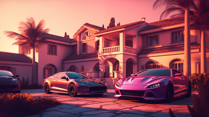 Villa and Luxury cars. Sport cars in courtyard near a luxury villa. Tropical Villa Resort. Party in Villa in Beverly Hills. Luxyry house in Miami. Supercars in California.  Holiday Rentals