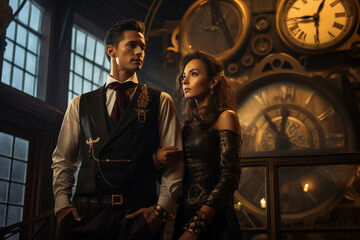 Steampunk duo portrait, a gentleman and lady, adorned in velvet and gears, mutual gaze, backdrop of a clock tower interior