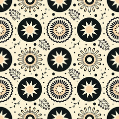 Vector seamless abstract floral pattern. Modern print with black elements on beige background.