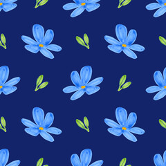 Seamless pattern of blue flax flowers, green leaves on a blue background. Hand drawn illustration by markers. Wildflowers. Botanical hand painted floral elements. For fabric, sketchbook, wallpaper.