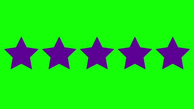 Animated five violet stars customer product rating review. Vector flat illustration isolated on the green background.