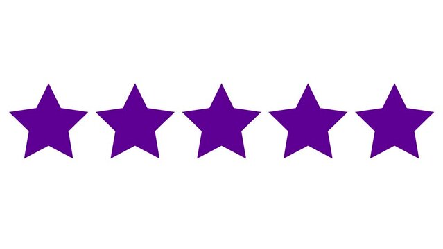 Animated five violet stars customer product rating review. Vector flat illustration isolated on the white background