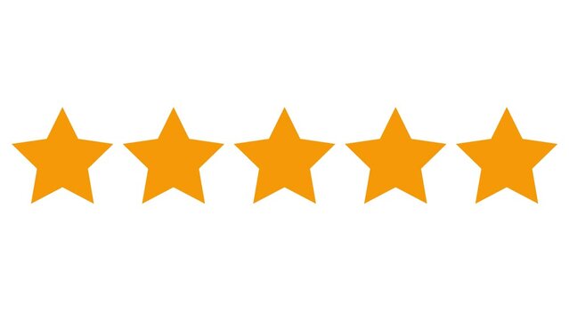 Animated five orange stars customer product rating review. Vector flat illustration isolated on the white background