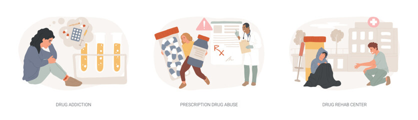 Drug addiction isolated concept vector illustration set. Drug monitoring, prescription medication abuse, rehab center, overdose, therapy clinic, ankle bracelet, detox vector concept.