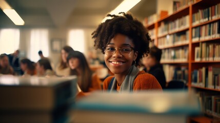 African American female student in a library