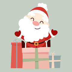 Cute flat character Santa Claus sitting on a lot of gifts