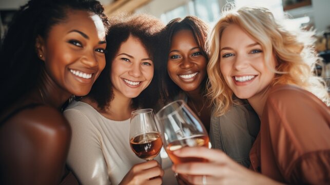 Group of girlfriends having fun in living room