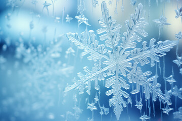 A detailed shot of snowflakes clinging to a windowpane.